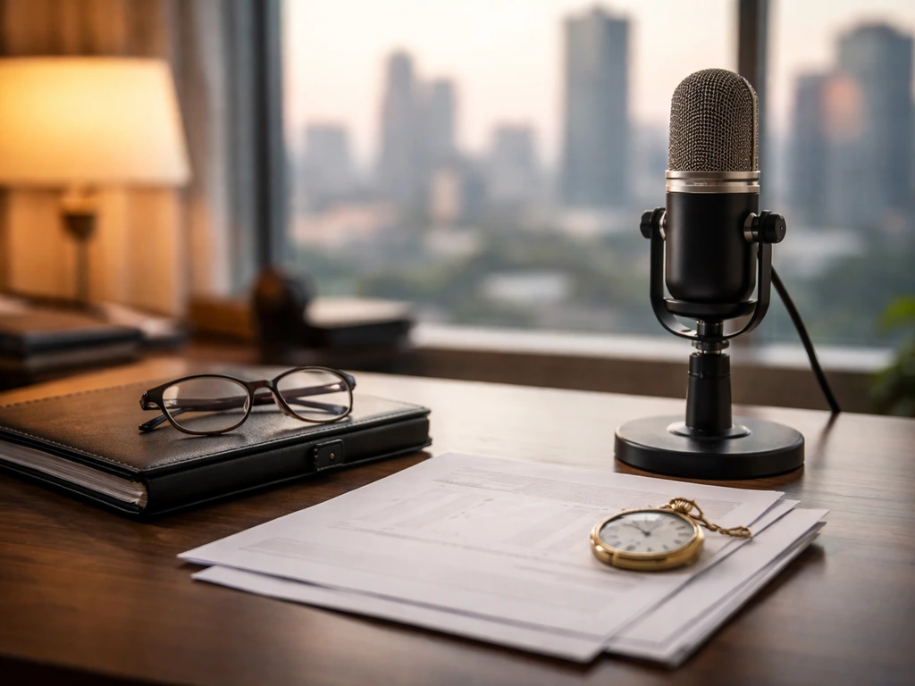 Minimal media-office desk scene with microphone and symbolic wealth items, no people or text.