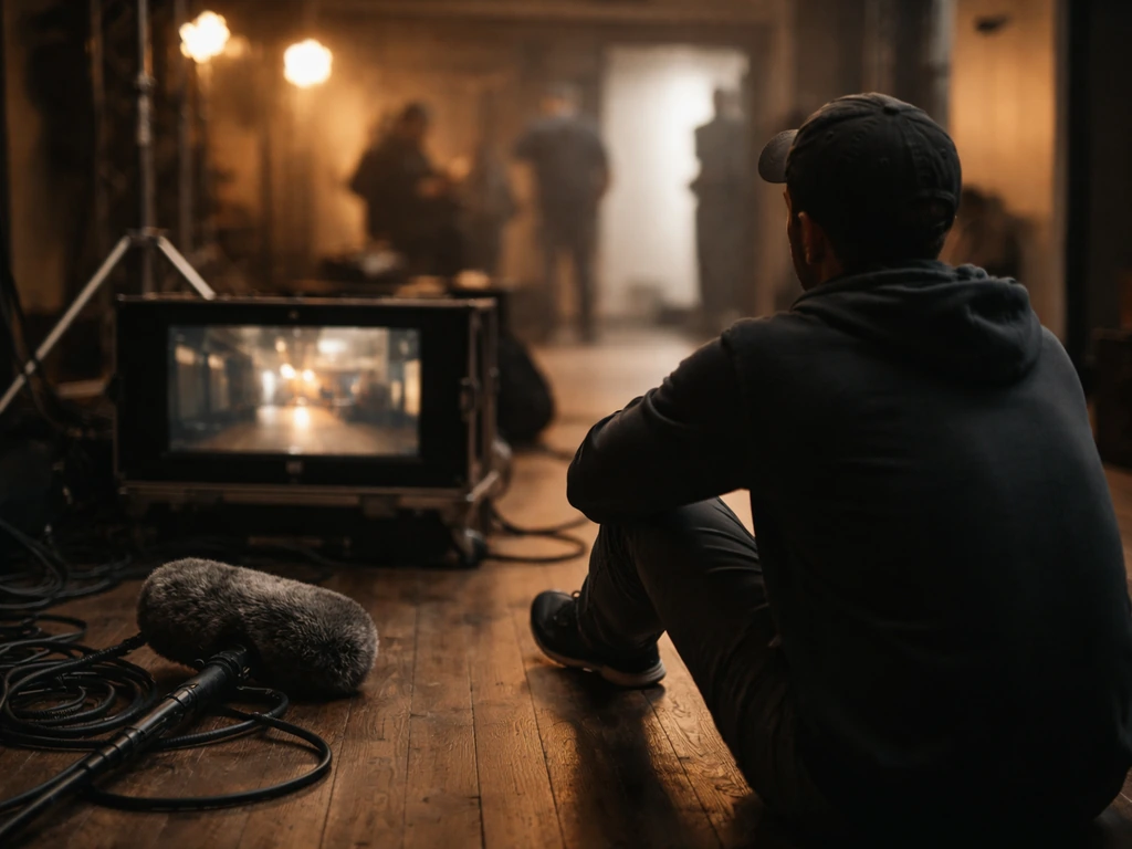 Anonymous film set scene with crew member beside production monitor and boom microphone.