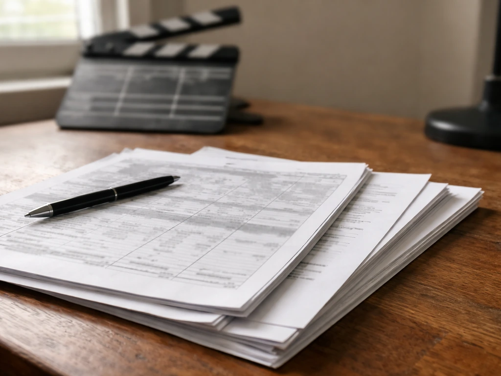 Close-up of blank TV/film call sheet pages and production gear on a desk, symbolizing acting income.