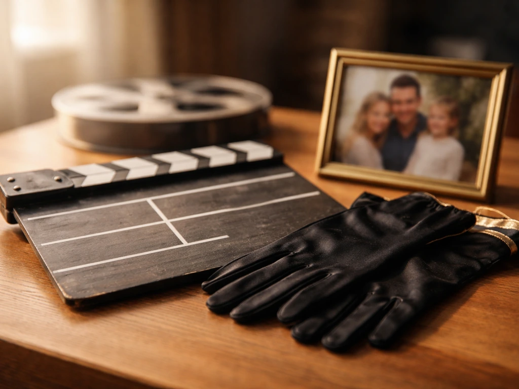 Vintage film clapper and family keepsakes on a table, warm light, hinting at Family/Family Ties roles.