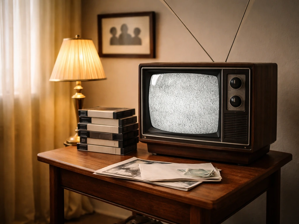 Vintage TV set with VHS tapes and a cash envelope on a side table symbolizing TV-era income phases.