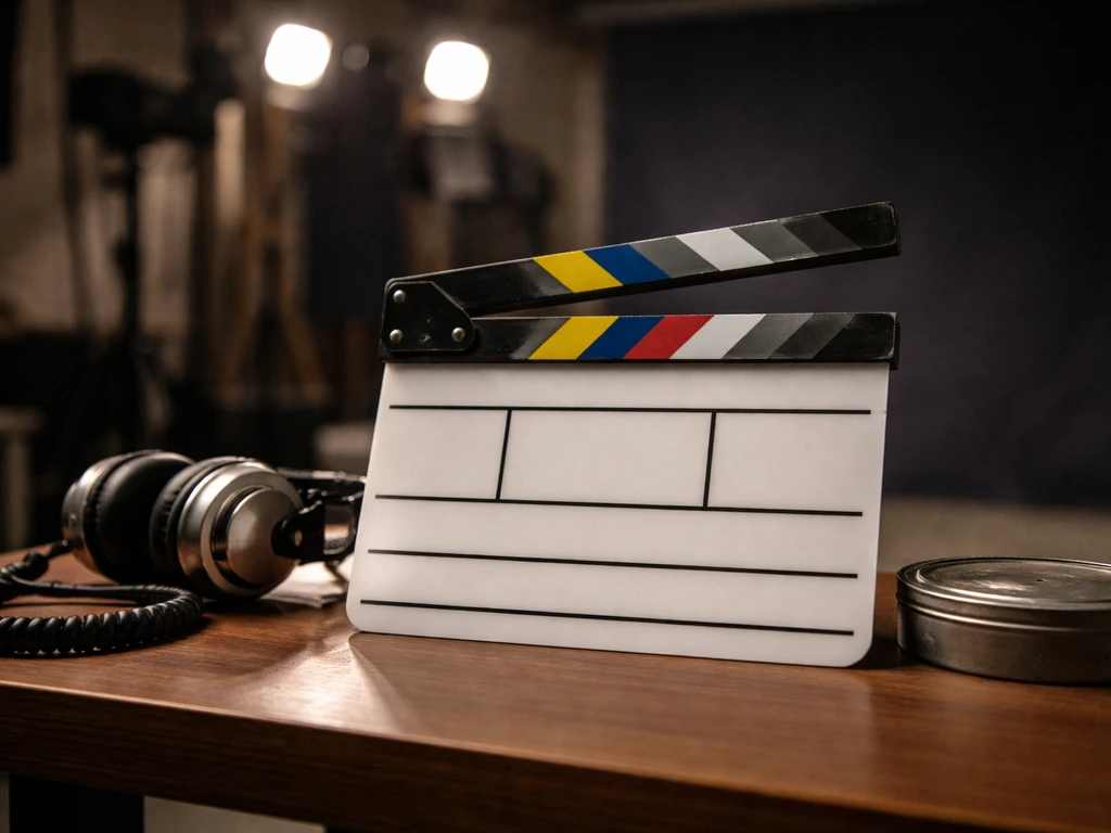 Clapperboard, headphones, and film canister on a studio desk with blurred lights in the background.