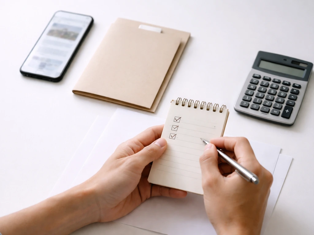 Hands writing checklist on a desk with blurred phone news and verification tools for net worth checking