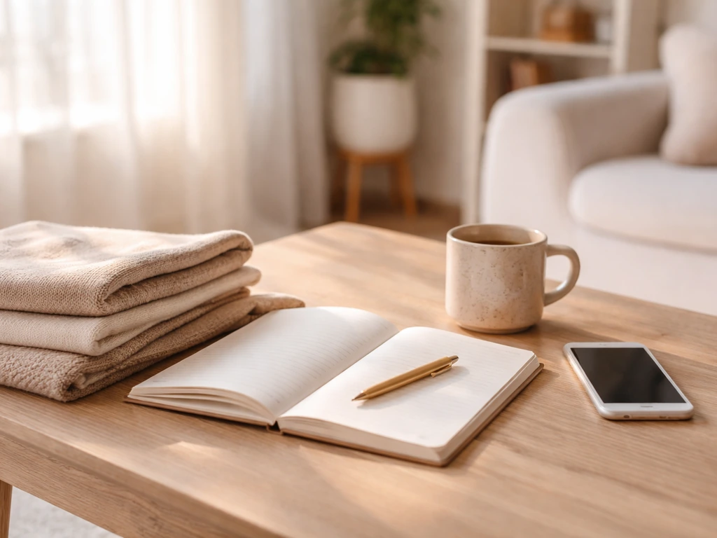 Sunlit home styling scene with a smartphone, notebook, and folded fabric suggesting a lifestyle creator’s platform