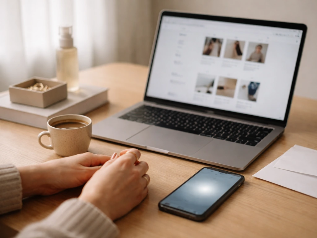 Lifestyle creator workspace with an open laptop, smartphone, and coffee beside neat product packaging
