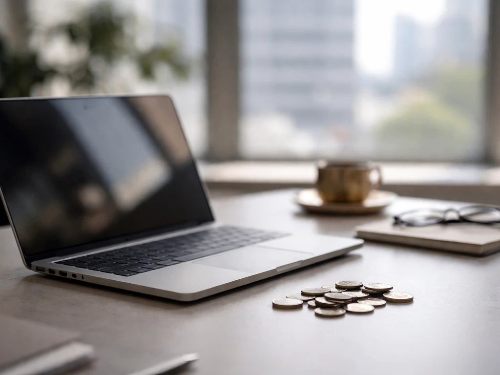 Minimal desk scene with scattered coins and a laptop, symbolizing evolving financial estimates