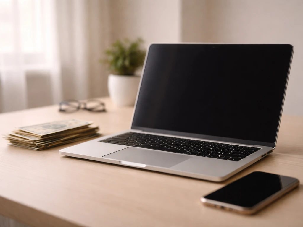 Minimal photo of a laptop, cash, and a smartphone on a desk with soft light—symbolic money estimate