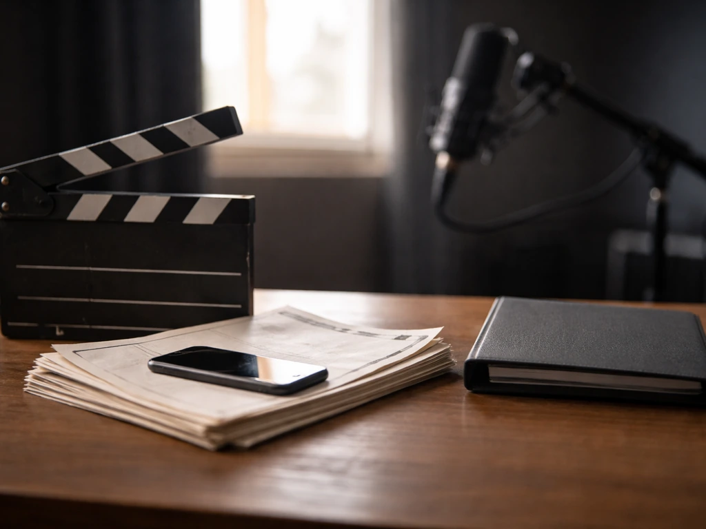 Minimal studio desk with clapperboard and microphone, symbolic of film and TV acting income sources.