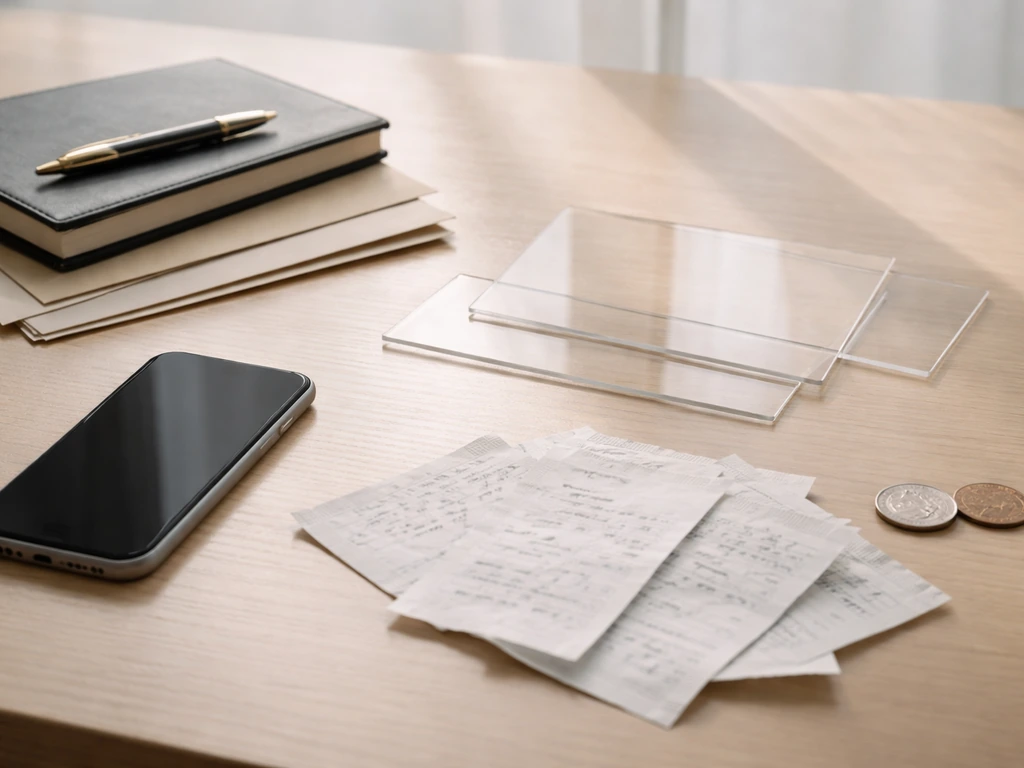 An empty desk with smartphone and scattered receipts suggesting differing net worth inputs, no people shown.