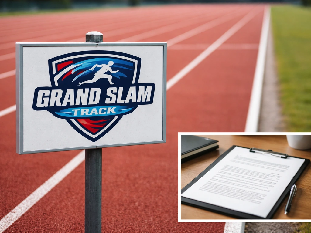 Grand Slam Track sign beside a running track, with a blurred contract inset implying league fees.