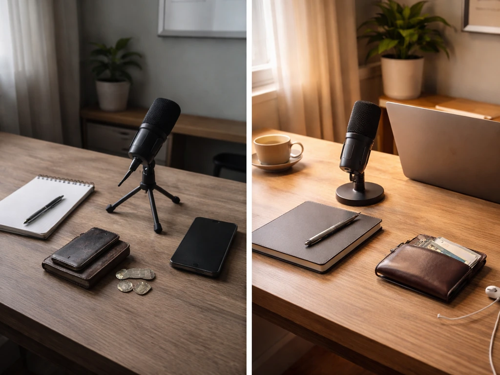 A minimal office desk split into dim early setup and brighter later setup, symbolizing money and media growth.