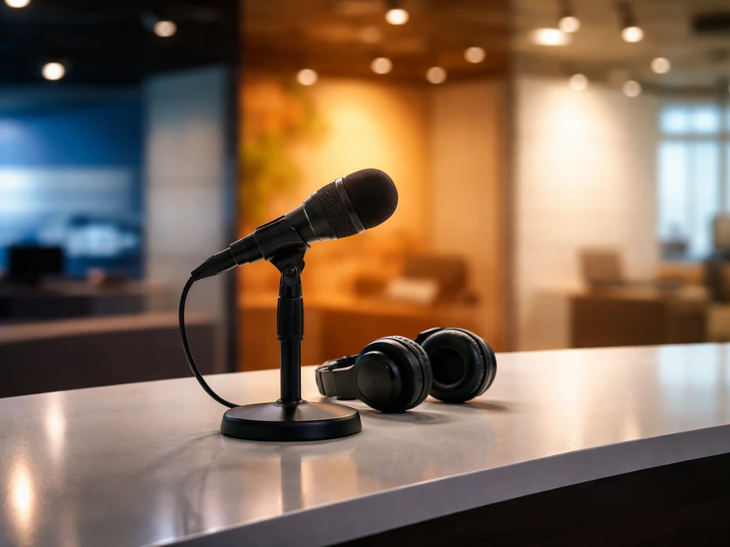 Minimal photo of a media studio desk with a microphone, split lighting symbolizing TV career eras