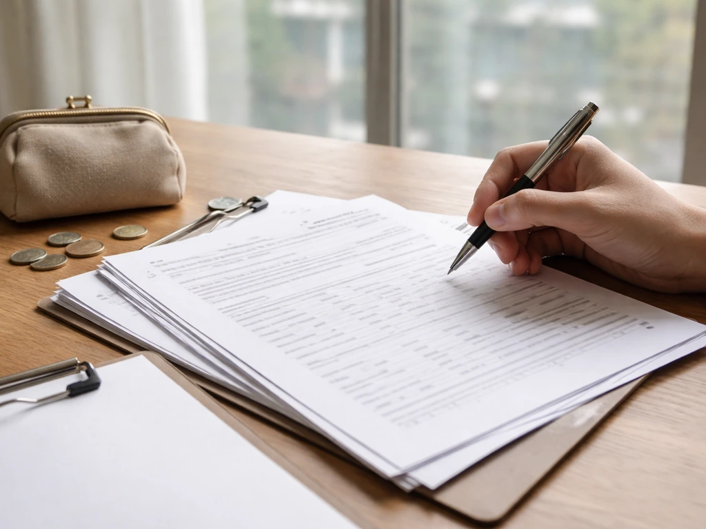 Hand holding a pen over printed property documents and a clipboard, money symbol on desk, simple verification scene