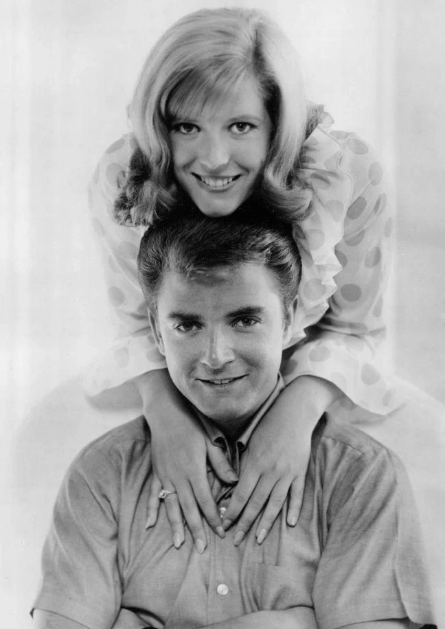 Black-and-white publicity photo of Meredith MacRae with Tim Considine from My Three Sons