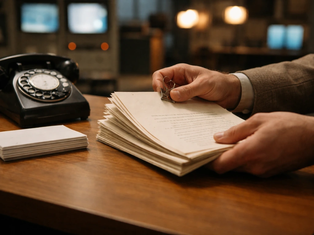 1960s TV studio desk with vintage teleplay pages, cue cards, and rotary phone in natural light