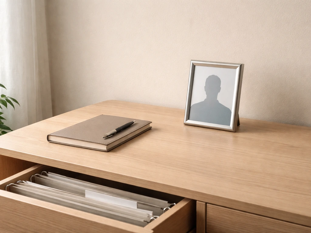 Minimal home office desk with a generic photo frame, pen, and notebook under natural window light.
