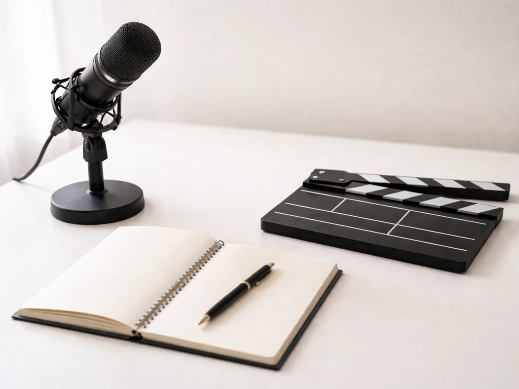Minimal desk with microphone, blank script notebook, and clapperboard representing acting income sources.