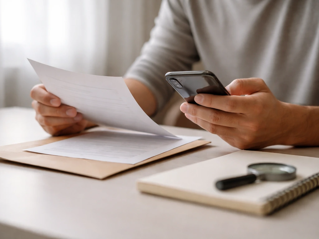 Hands comparing documents on a desk with a smartphone and magnifying glass.