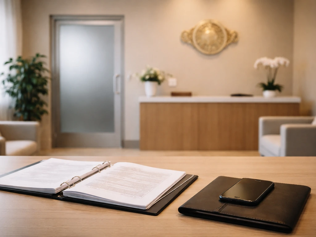 Minimal ministry office lobby with a desk setup and decorative emblem plaque, no people or readable text.