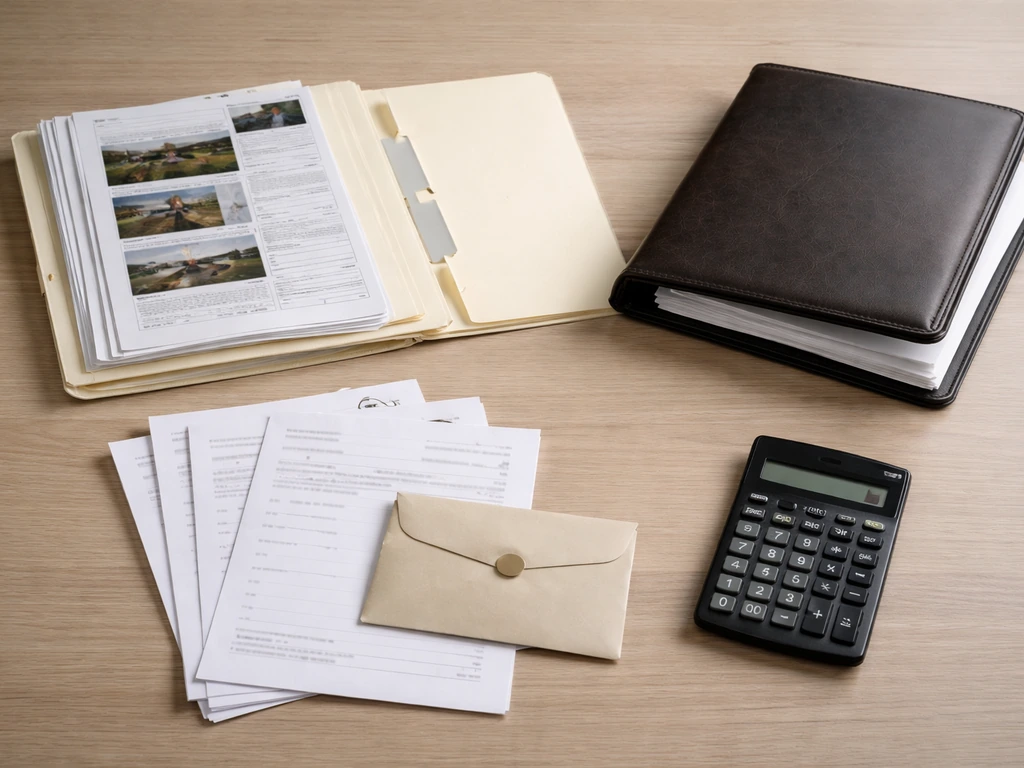 Desk with blank property-record folder, business papers, and envelopes suggesting assets and liabilities