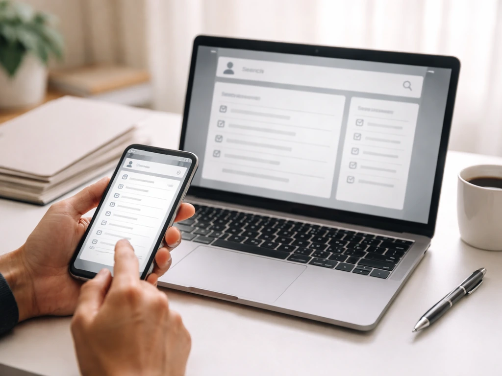 Hands reviewing due-diligence tools on phone and laptop at a clean desk with documents.