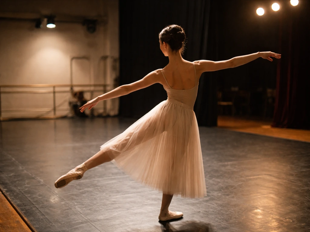 Ballet dancer rehearsing in a theater studio under warm light, with a blurred barre in the background.