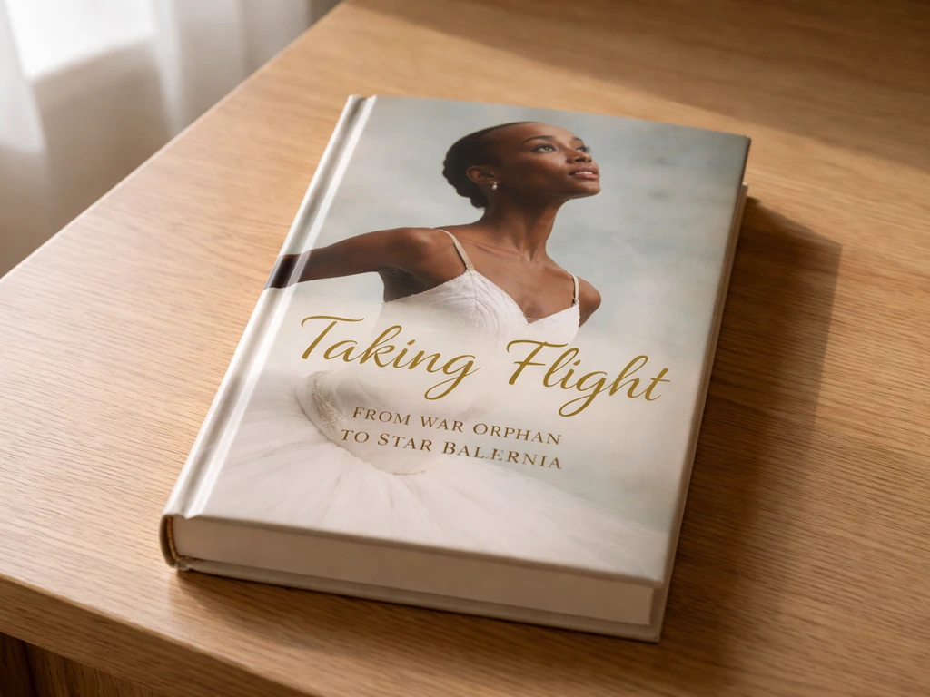 Close-up of the book cover on a wooden desk under natural window light.