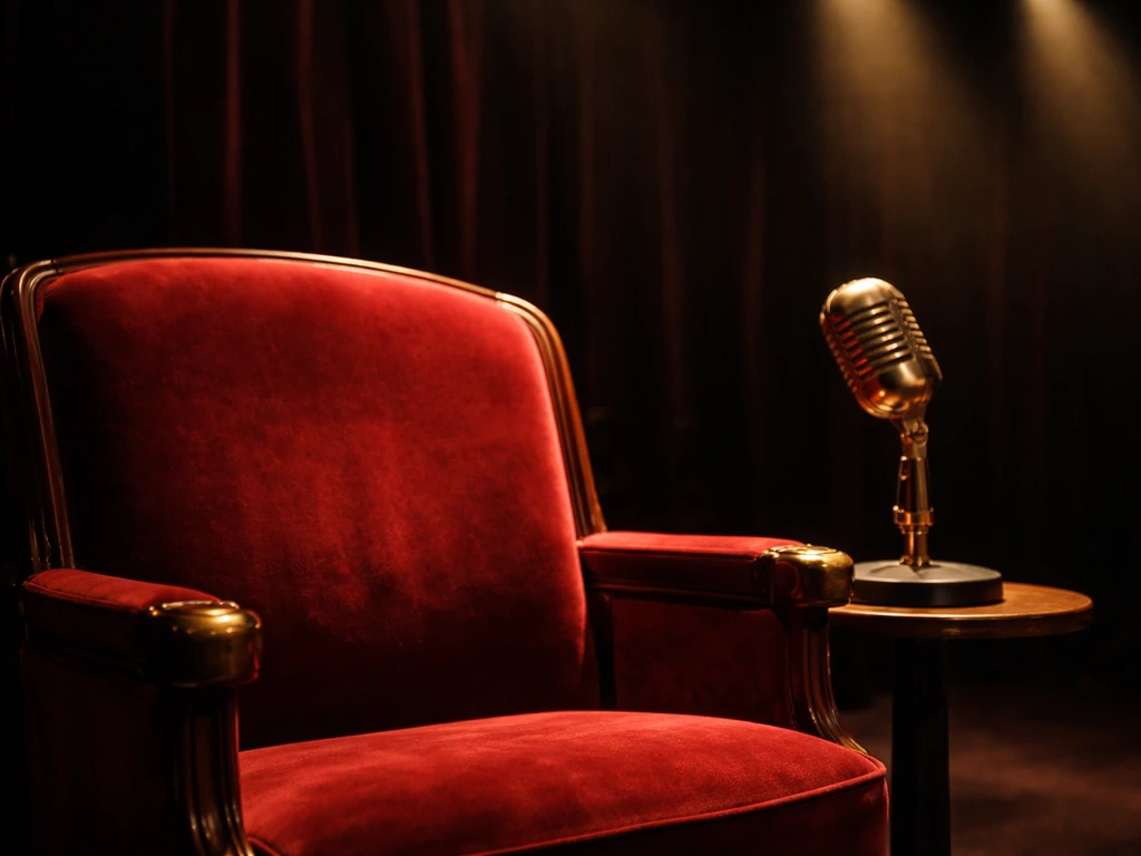 Empty VIP theater seating with a microphone and warm golden stage lights, no people visible.