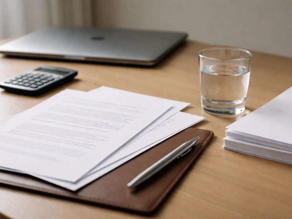Minimal office desk with scattered documents and a calculator, symbolizing comparing net worth figures
