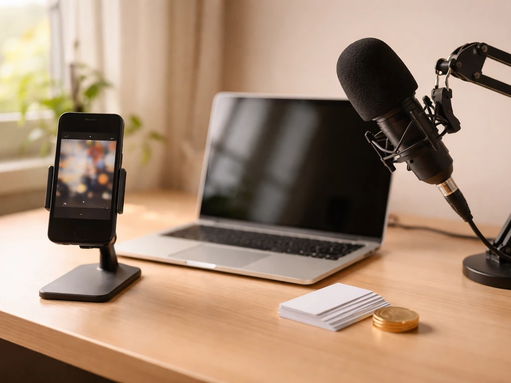 Minimal influencer home-studio desk with smartphone, microphone, and money symbols—no person shown.