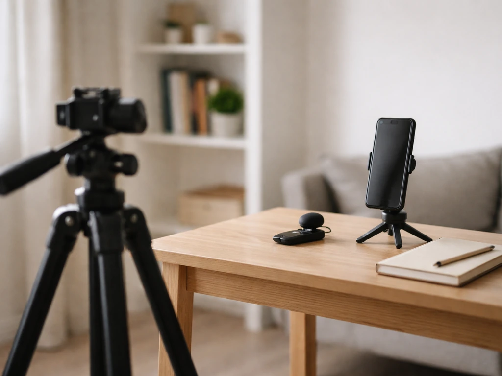 A quiet home media desk with a camera on a tripod and smartphone showing a live-recording view