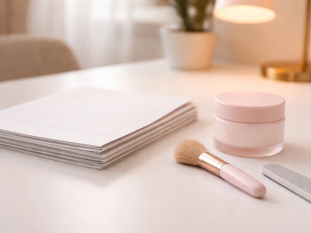 Minimal desk scene with unbranded papers, skincare jar, and nail buffer to suggest nail-related business ties.