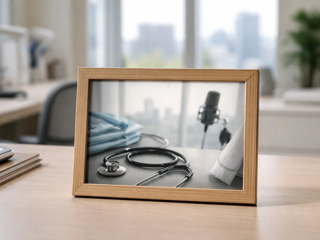 Framed prop collage on a desk with abstract medical and media cues in a minimal office scene.