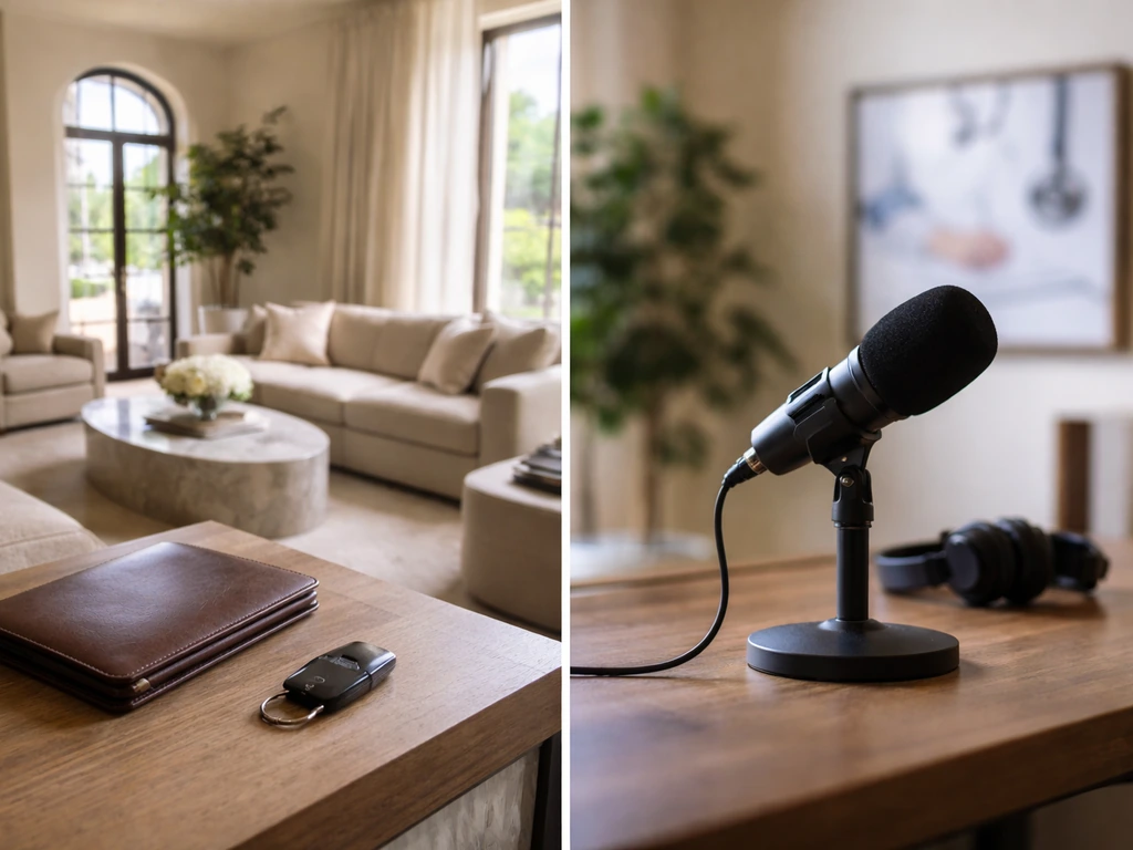 Sunlit luxury living room cues beside a studio desk and microphone, symbolizing wealth and career media.