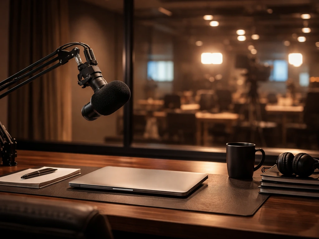 Minimal TV studio office scene with a broadcast microphone and blurred studio lights, no people.