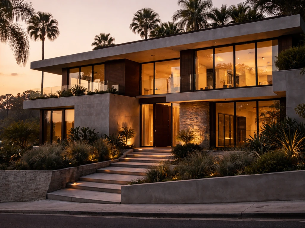 Exterior of a high-end hillside home in Los Angeles at golden hour, luxury real estate vibe