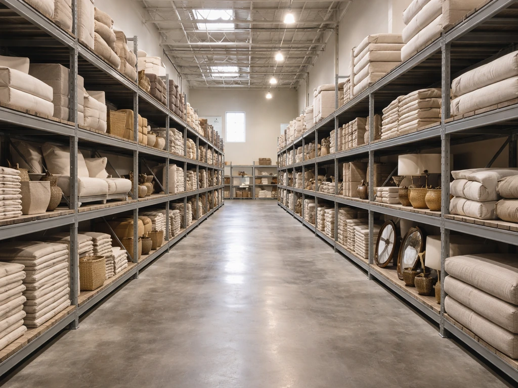 Spacious warehouse shelves packed with stored luxury furniture and decor
