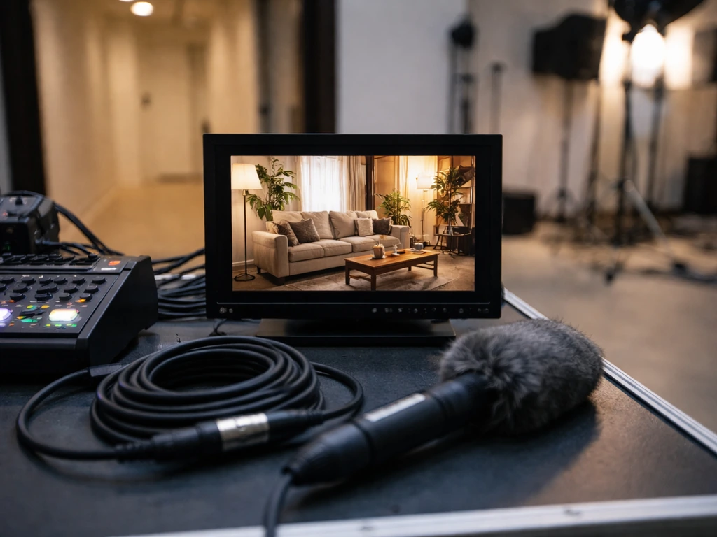 HGTV-style home staging TV set scene with a TV monitor showing a staged living room, no people