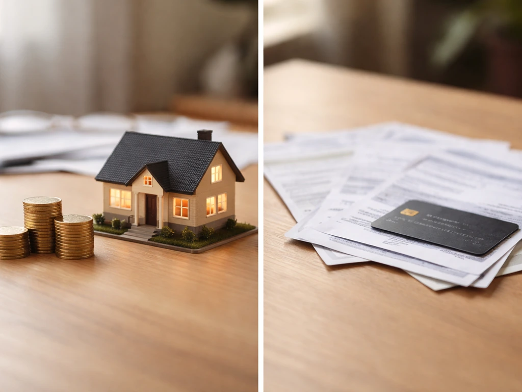 Split-view photo of assets vs liabilities symbols: coin stack and house on one side, bills and credit card on the other