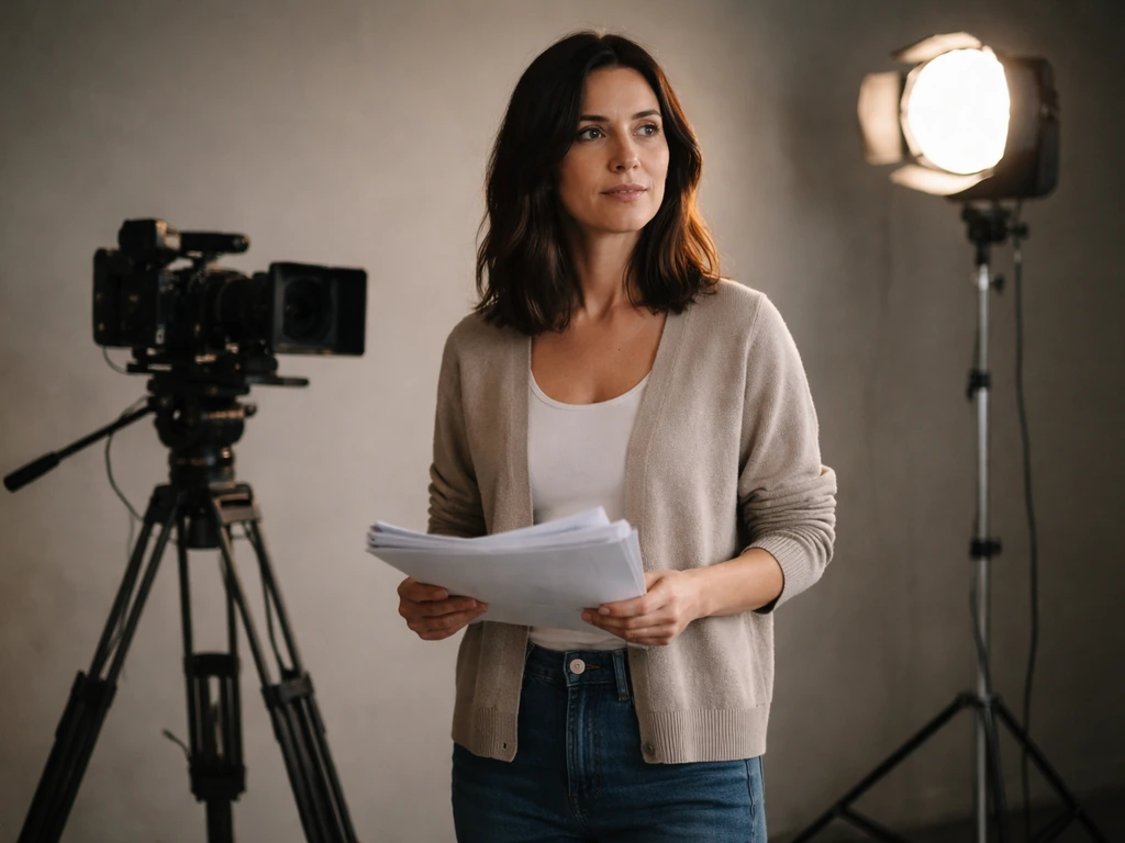 Anonymous actress in a simple film studio holding a script near a softly lit camera setup