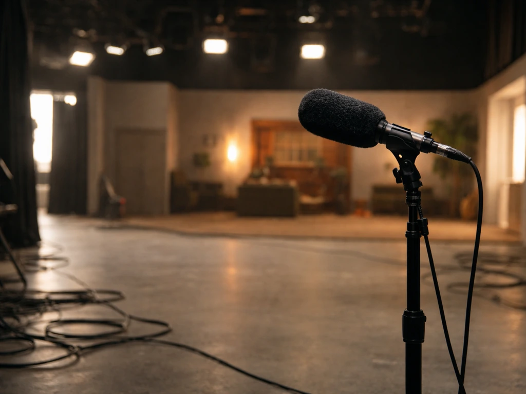 Empty TV soundstage with a studio microphone and soft stage lights, symbolizing TV acting income.
