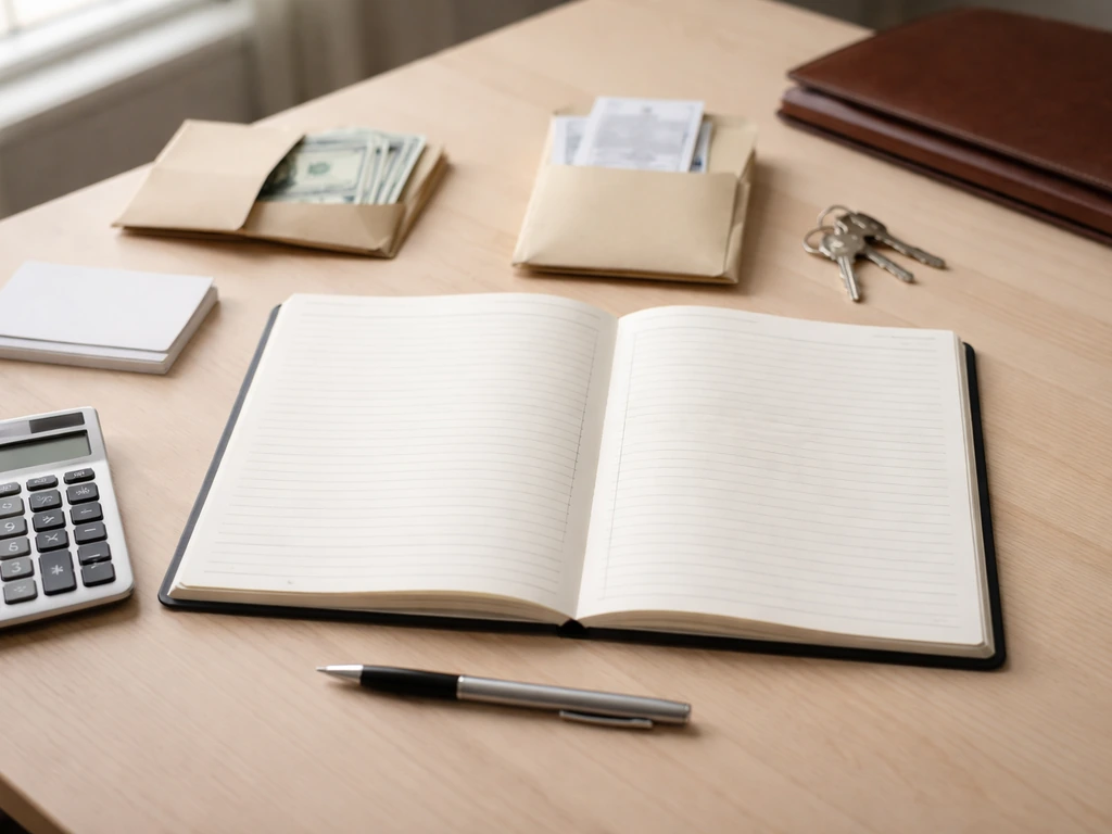 Minimal desk scene with blank ledger notebook, calculator, pen, and money-related envelopes suggesting assets minus liab