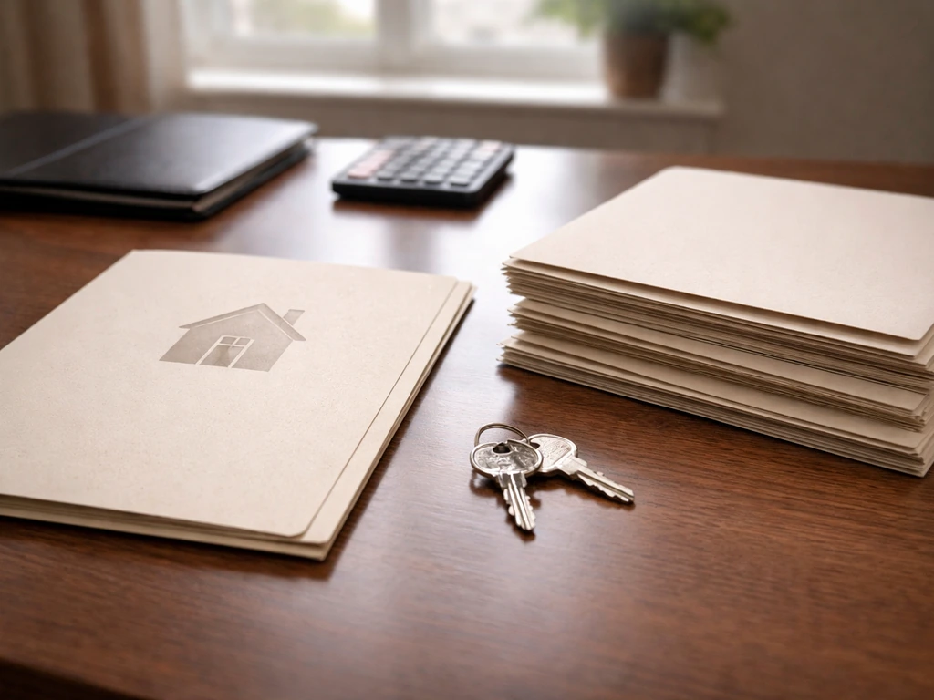 Minimal photo of a house key and a retirement account statement folder on a desk