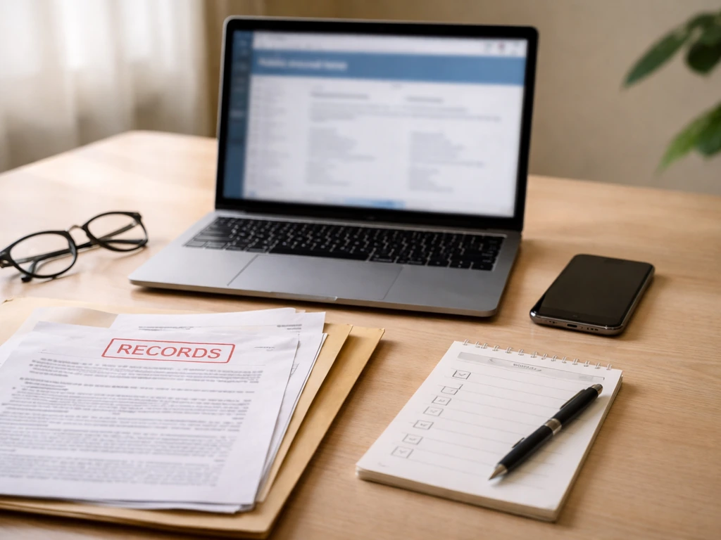 Minimal desk scene with laptop, scanned record papers, and blank checklist for verifying an estimate.