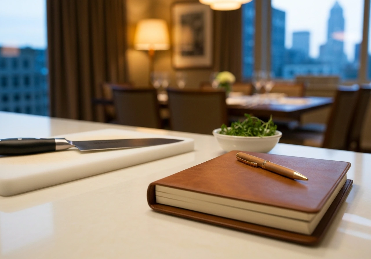 Chef’s private workspace with knife, herbs, and a leather recipe journal beside a window skyline