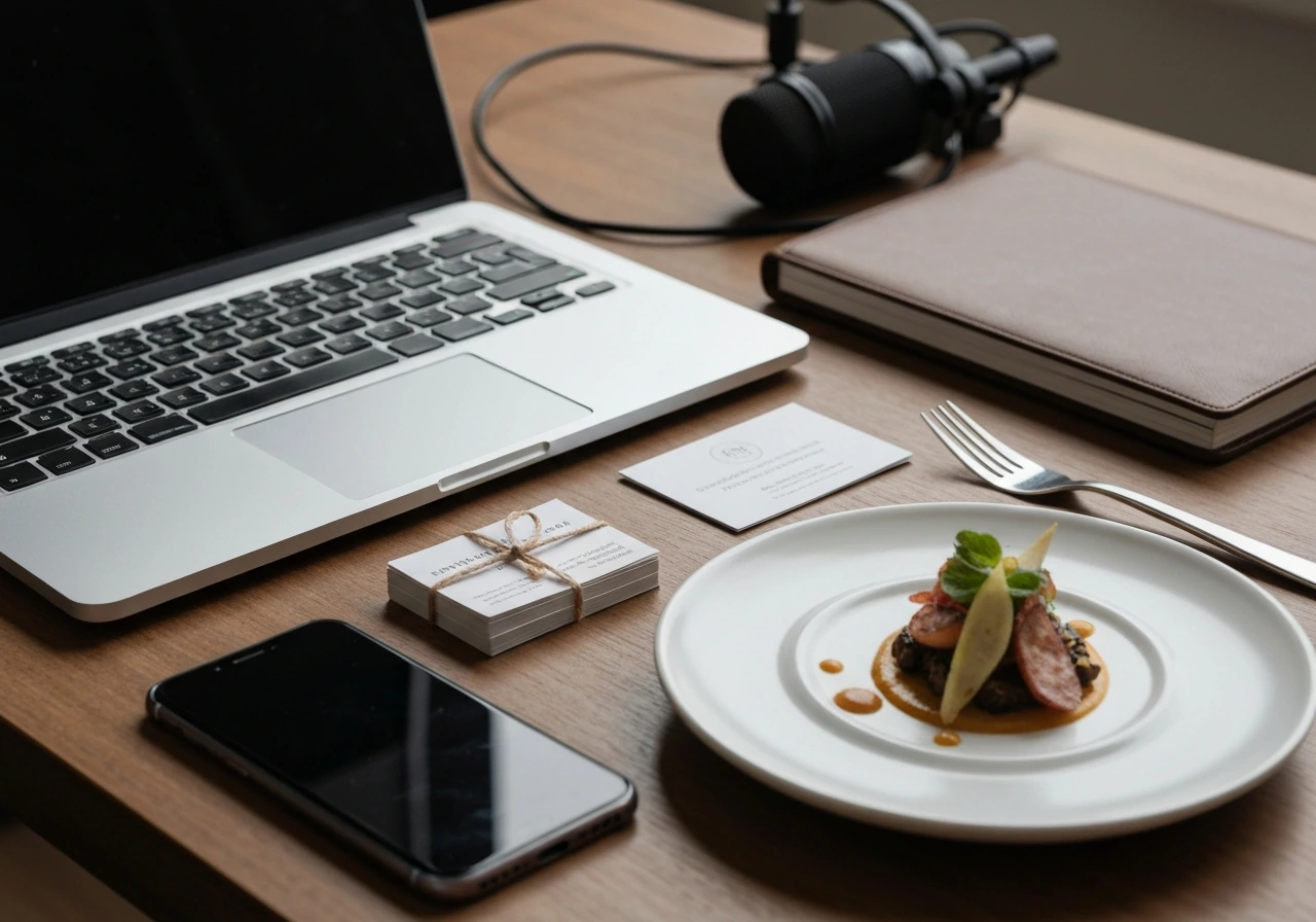 Minimal desk scene: open laptop and phone, studio mic, business cards, and a plated gourmet dish.
