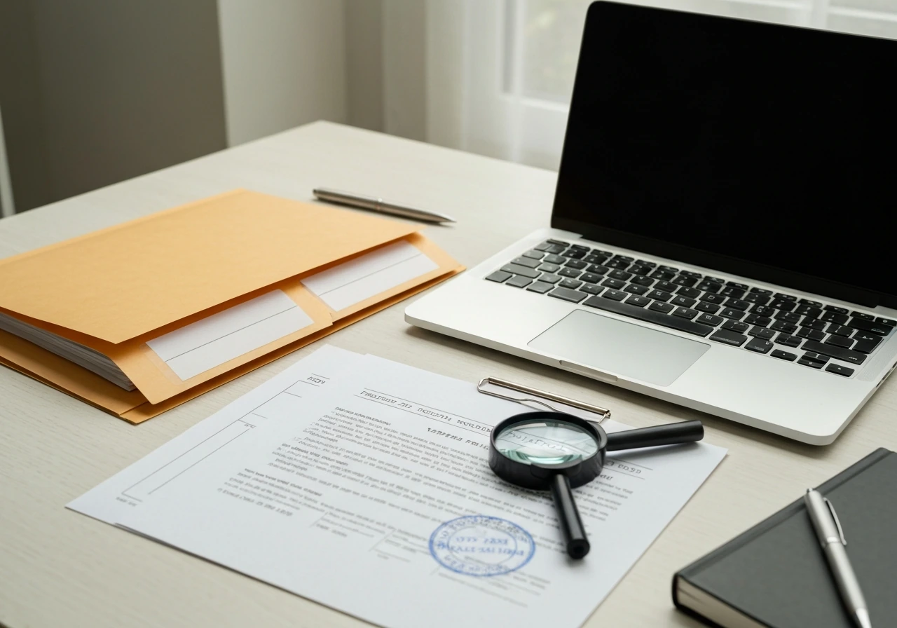 Minimal desk scene with laptop, a folder, and a magnifying glass over property record papers