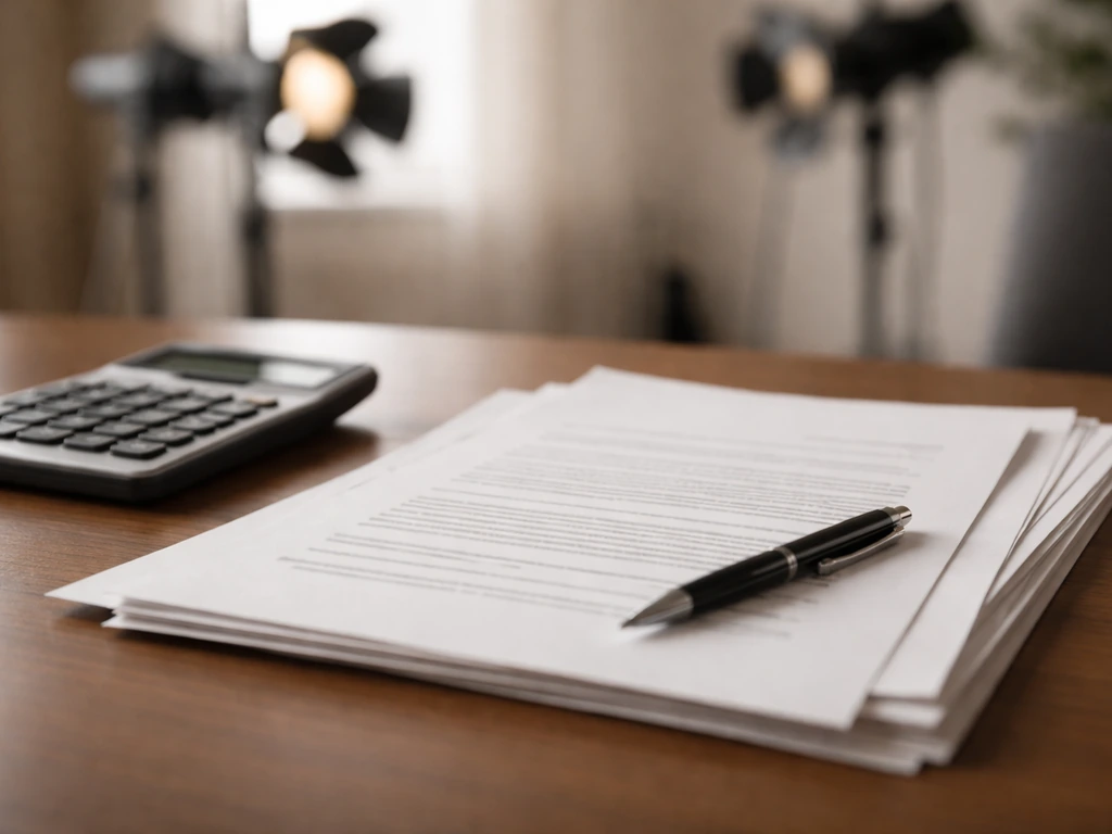 Close-up of film production contract papers and a calculator on a clean desk beside studio lights