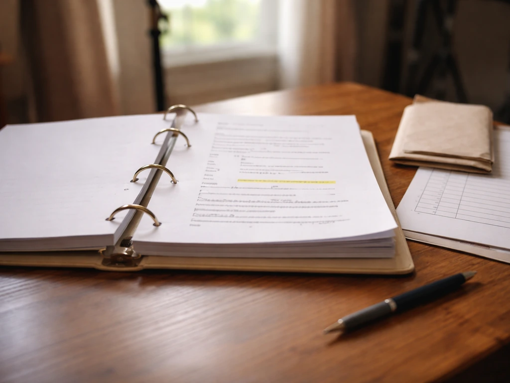 Unbranded script pages and a binder on a wooden desk, hinting at writing credits and residual paperwork.