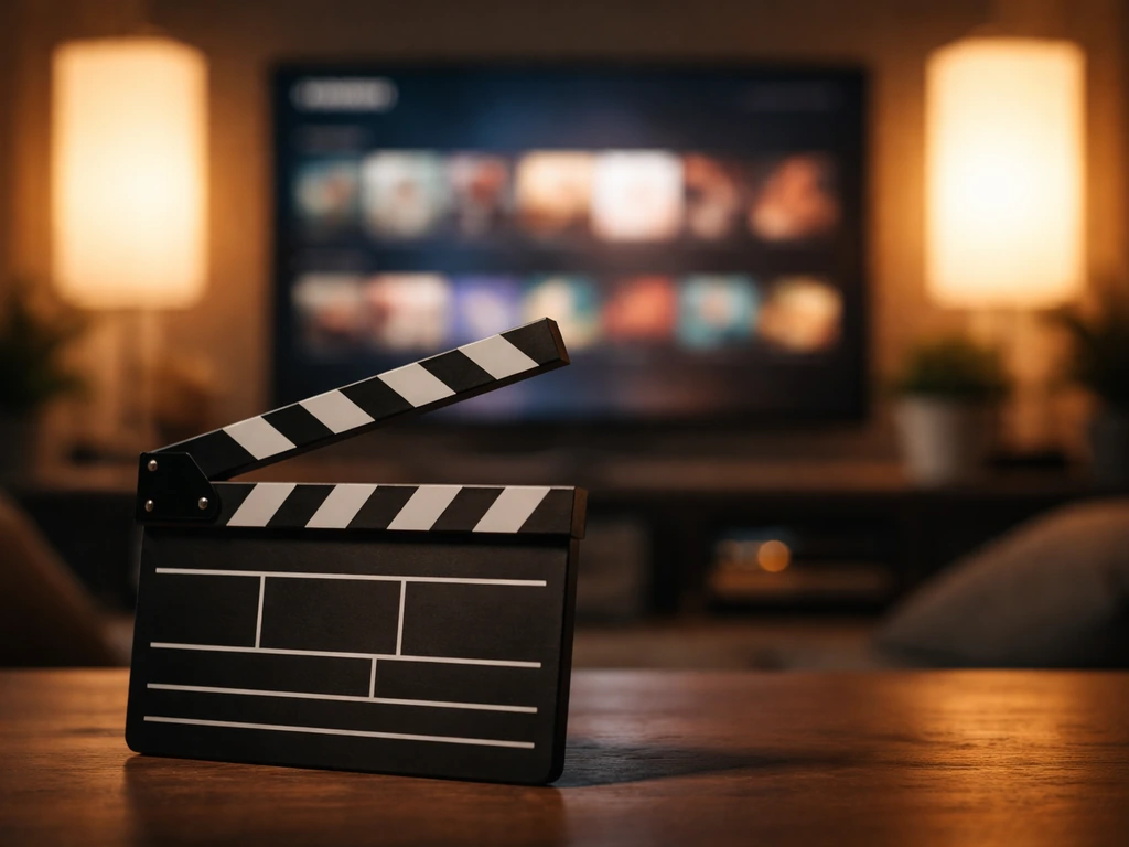 Close-up of a film clapperboard with softly blurred streaming-style lights in the background